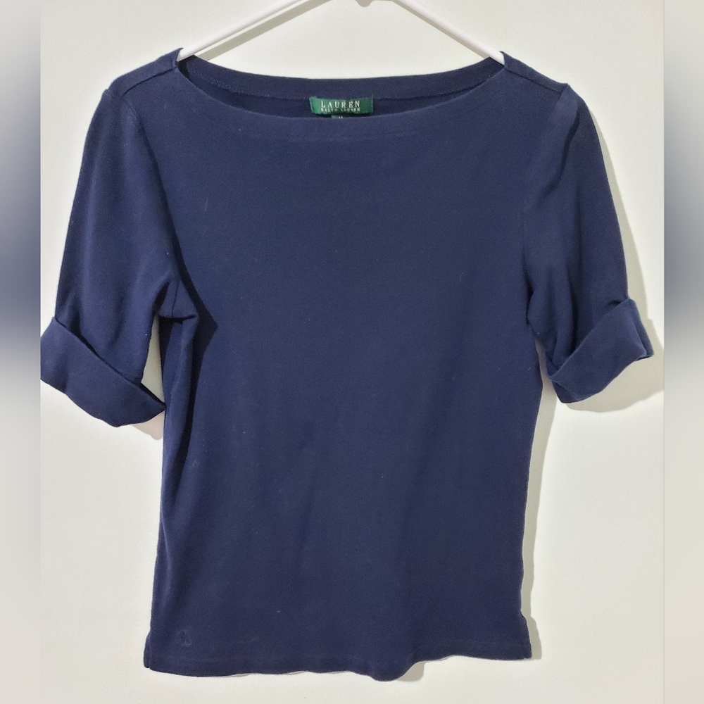 Lauren Ralph Lauren Navy Boat Neck Top Medium Cotton Knit Short Sleeve Classic